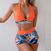 Fulorrnie Women's One Shoulder Bikini Set Adjustable Waist Tie Floral Print High Waist Swimsuits, Orange, L